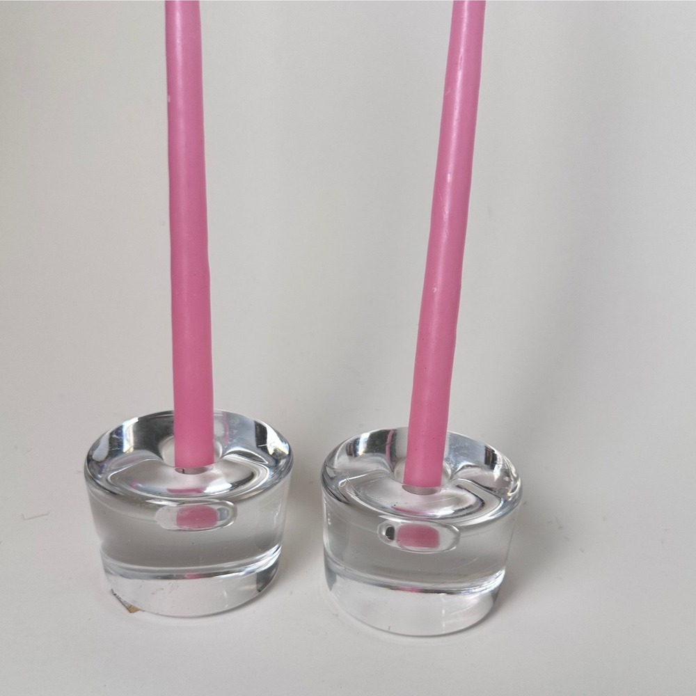 Orrefors Sweden Crystal Taper Candle Holders Set of 2 "Puck" Glass Minimalist